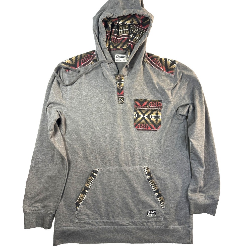 Dravus Aztec Y2K Hoodie Mens XL Gray Southwestern Accent Skater Streetwear